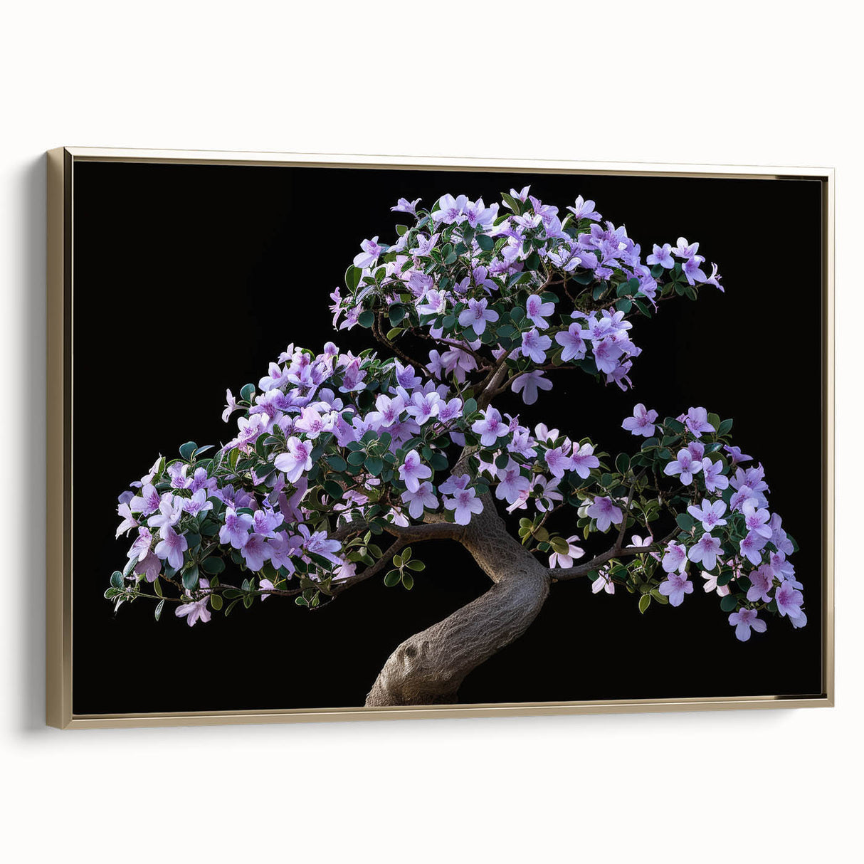 Framed botanical wall art featuring a detailed bonsai tree design in gold tones, showcasing intricate foliage against a textured background, perfect for home decor.