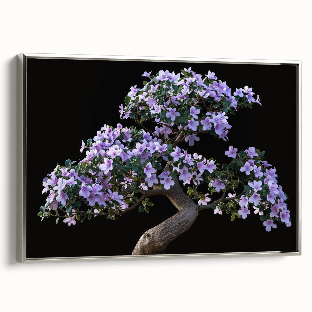Framed canvas wall art showcasing a botanical bonsai tree design, featuring intricate details and a silver frame, ideal for home decor in modern settings.