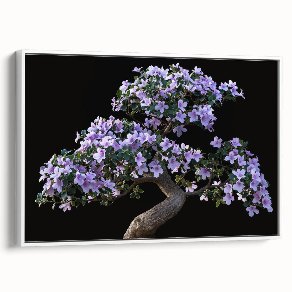 Framed canvas artwork showcasing a botanical bonsai tree design in vibrant colors, set against a white background; ideal for home decor and nature enthusiasts.