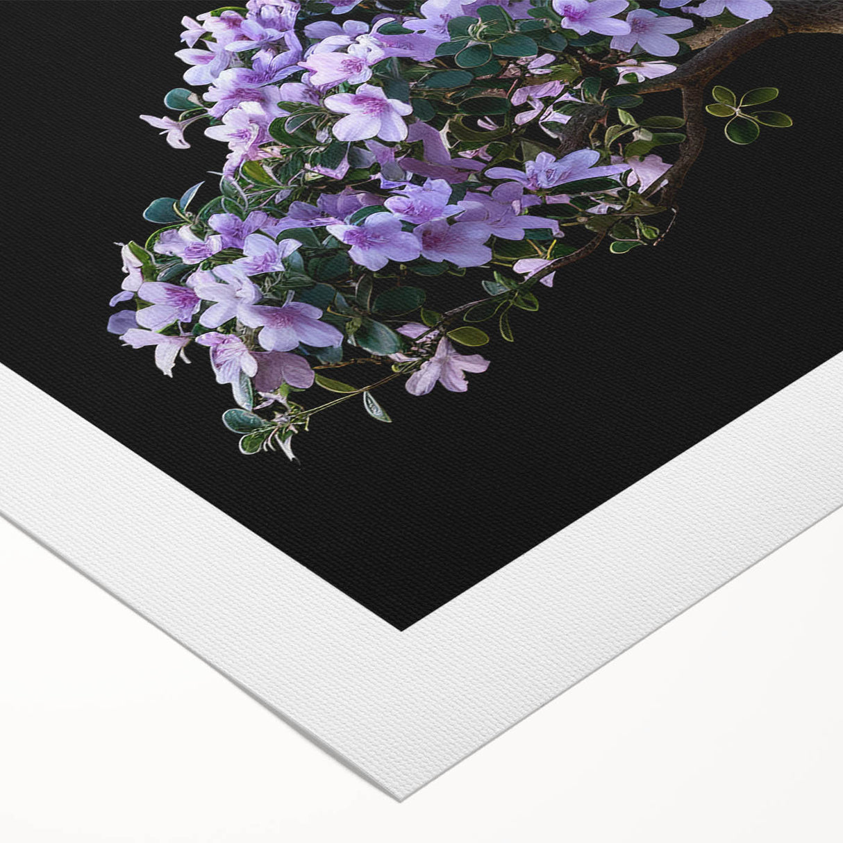 Botanical bonsai tree wall art design on rolled canvas, showcasing vibrant floral details and intricate patterns, ideal for home decor or nature enthusiasts.