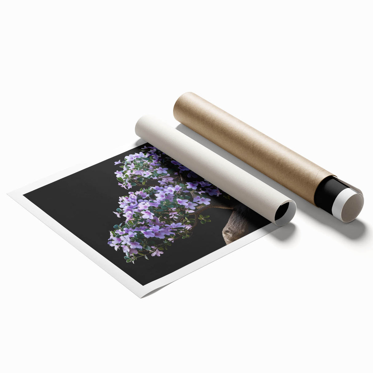 Botanical bonsai tree wall art print showcasing vibrant colors and intricate floral details, elegantly rolled for easy display and packaging in a protective tube.