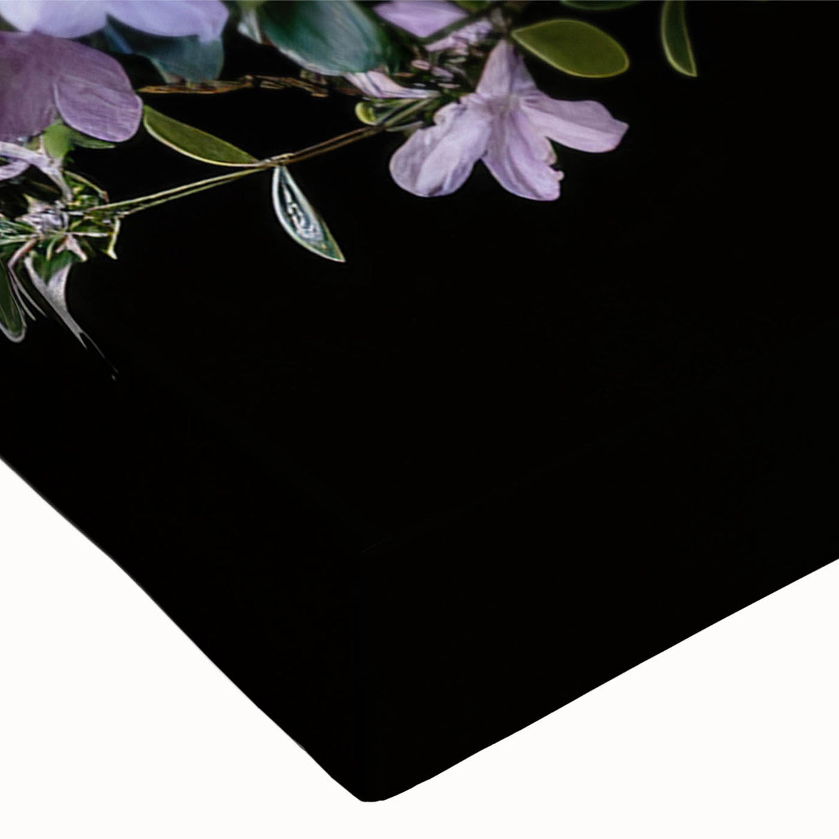 Close-up of a botanical bonsai tree design on stretched canvas wall art, showcasing intricate floral details and vibrant colors, perfect for home decor.