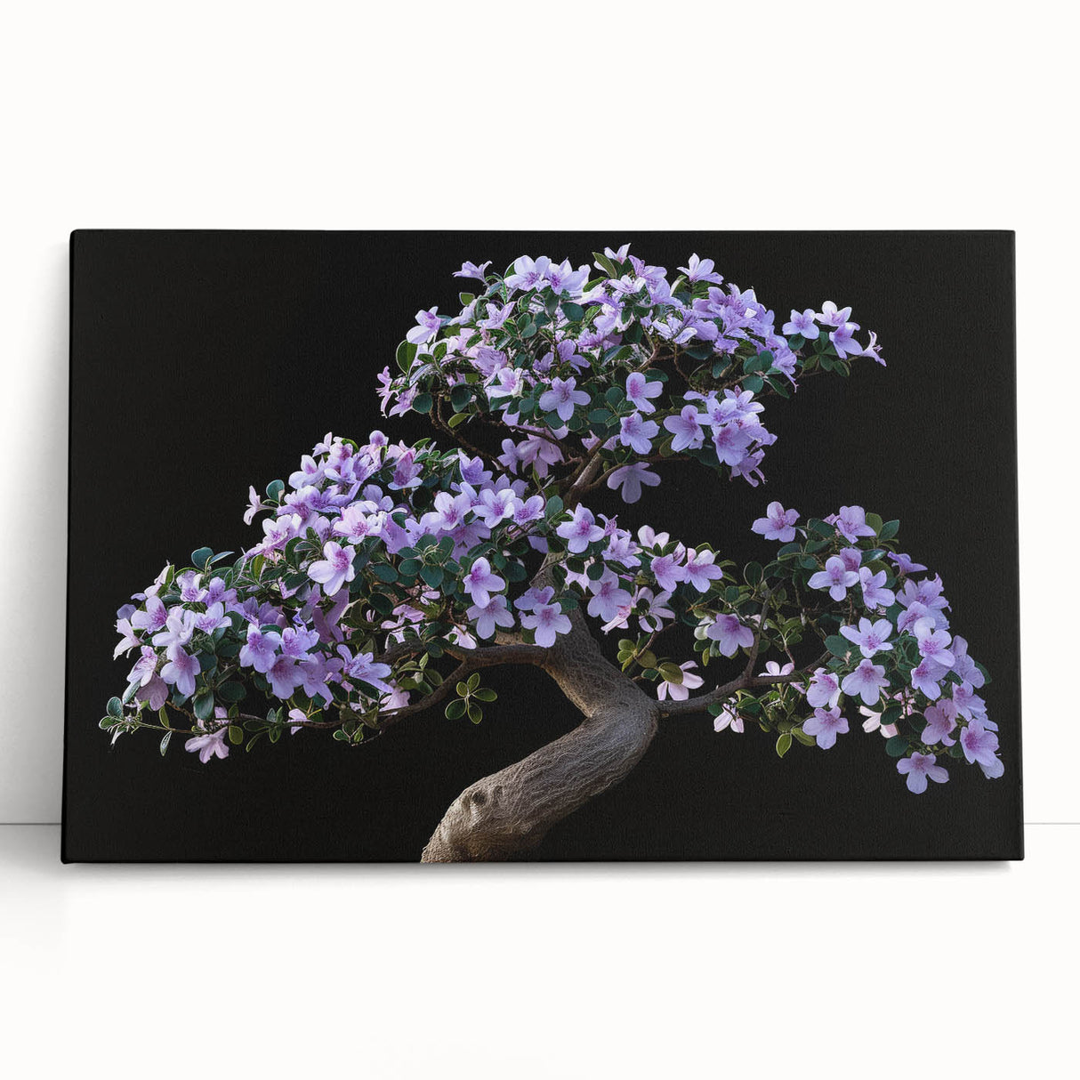 Bonsai tree wall art design featuring vibrant flowers and intricate botanical details, printed on stretched canvas with a sleek, modern presentation. Ideal for home decor.