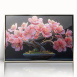 Framed botanical wall art featuring a bonsai tree design with vibrant flowers, set in a sleek silver frame, perfect for enhancing modern home decor.