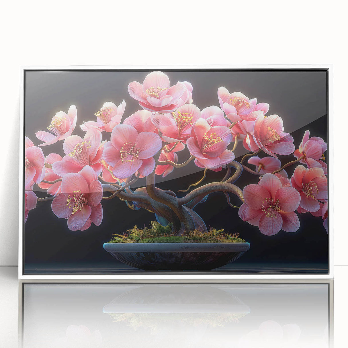 Framed acrylic wall art featuring a botanical bonsai tree design, showcasing intricate floral details and a modern white frame, ideal for home or office decor.