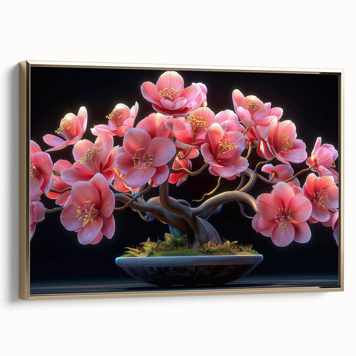 Framed botanical wall art showcasing a bonsai tree design in vibrant colors with a gold frame. Ideal for nature lovers looking to enhance home decor.