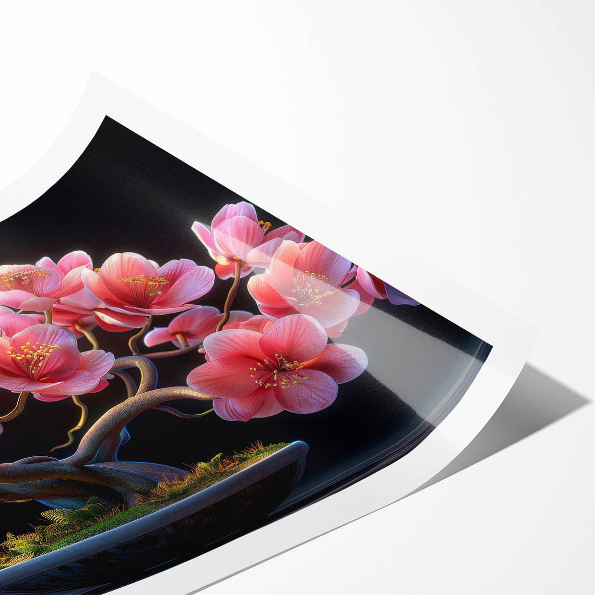 Botanical bonsai tree wall art print showcasing vibrant colors and intricate details, rolled for easy display and shipping, perfect for nature-themed decor.