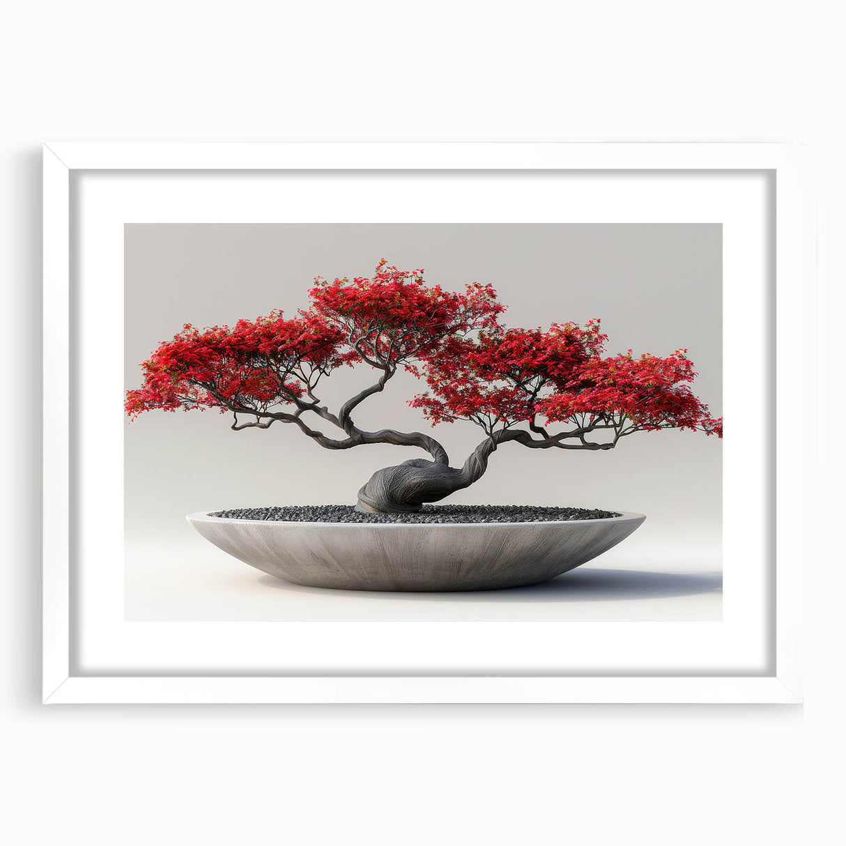 Botanical bonsai tree wall art featuring vibrant flowers, framed in a sleek white mat. Ideal for modern decor, adding a touch of nature to any space.