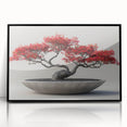 Framed wall art design showcasing a botanical bonsai tree with vibrant flowers, set in a sleek black frame, perfect for home decor enthusiasts.