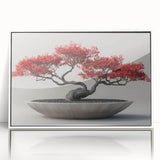 Framed wall art featuring a botanical bonsai tree design with vibrant flowers, displayed in an elegant white frame, perfect for home decor enhancement.