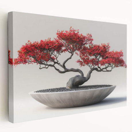 Botanical bonsai tree wall art on stretched canvas, showcasing intricate floral patterns and vibrant colors, perfect for home decor and nature enthusiasts.