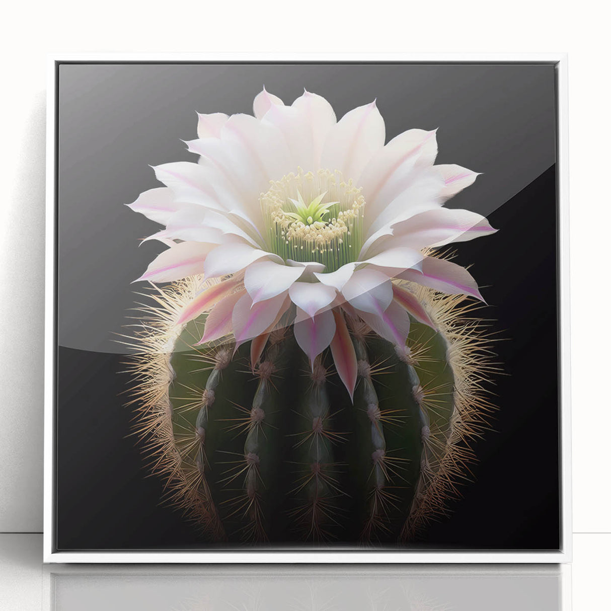 Framed wall art featuring a vibrant botanical cactus design in acrylic, showcasing a white frame and a modern aesthetic, perfect for home decor enhancement.