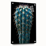 Acrylic wall art showcasing a botanical cactus design, featuring vibrant green and earthy tones, displayed in a side view with decorative pins, perfect for modern decor.