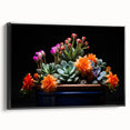 Framed canvas wall art featuring a botanical cactus design, showcasing intricate details and vibrant colors, displayed from a black side view against a neutral background.