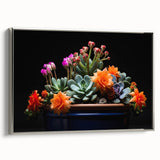 Framed wall art featuring a botanical cactus design with intricate details, set against a silver frame, showcasing vibrant colors and textures in a modern decor style.