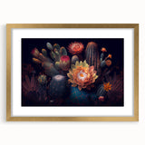 Botanical cactus design framed wall art collection with a gold mat, showcasing vibrant colors and intricate details, perfect for modern home decor.