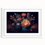 Botanical cactus wall art print featuring vibrant floral illustrations in a white frame with a mat, ideal for home decor and nature-themed interiors.