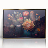 Framed wall art featuring a botanical cactus design, showcasing vibrant green hues and elegant gold accents, perfect for modern home decor.
