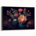 Framed wall art showcasing a vibrant botanical cactus design on black canvas, perfect for modern home decor, highlighting intricate details and textures.