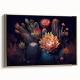 Framed botanical wall art featuring a vibrant cactus design in gold tones, showcasing intricate details and a modern aesthetic, perfect for home decor.