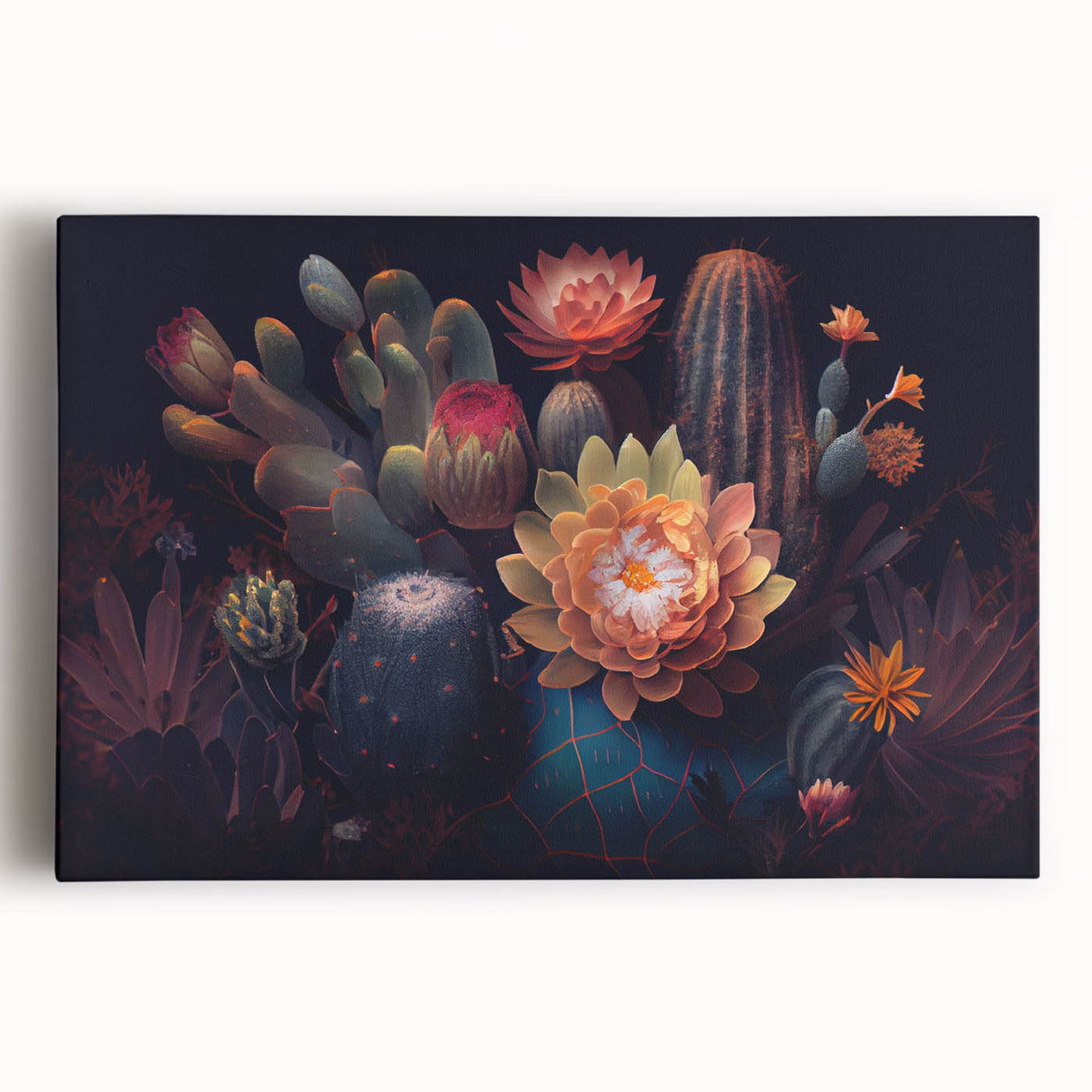 Botanical cactus wall art design printed on stretched canvas, showcasing vibrant green cacti against a neutral backdrop, perfect for modern home decor.