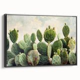 Framed wall art featuring a botanical cactus design in vibrant colors, presented from a black side view, ideal for modern home decor accents.
