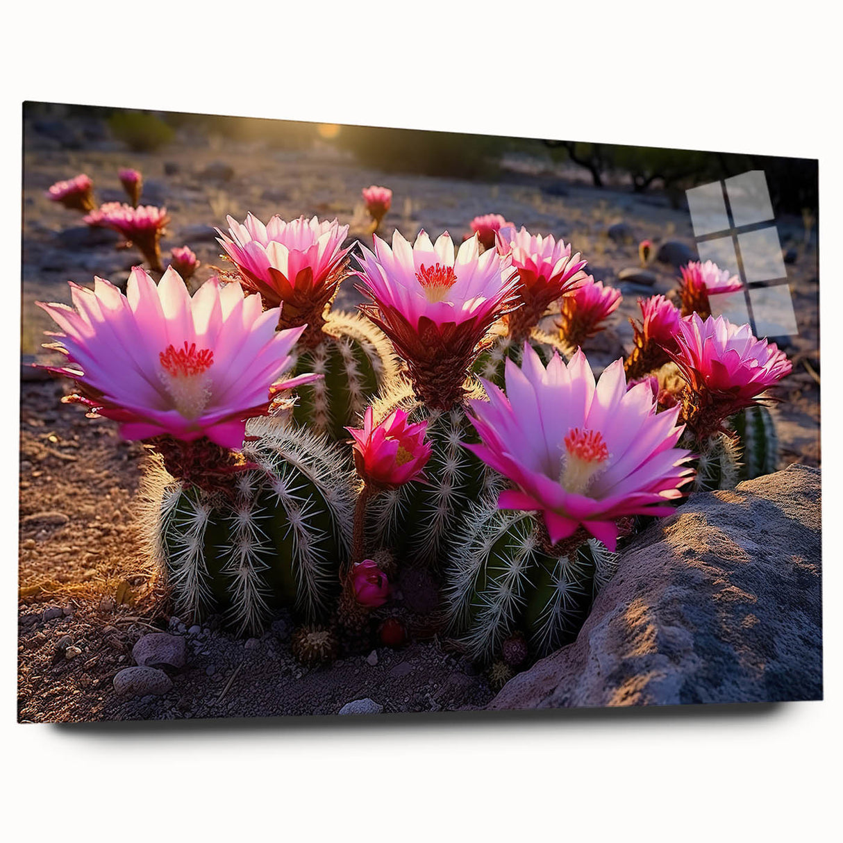 Botanical cactus wall art design displayed in a sleek acrylic glass frame, showcasing vibrant colors and intricate details, ideal for modern home decor.