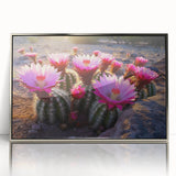 Framed wall art featuring a botanical cactus design in vibrant colors, set within a sleek silver frame, perfect for modern home decor aesthetics.