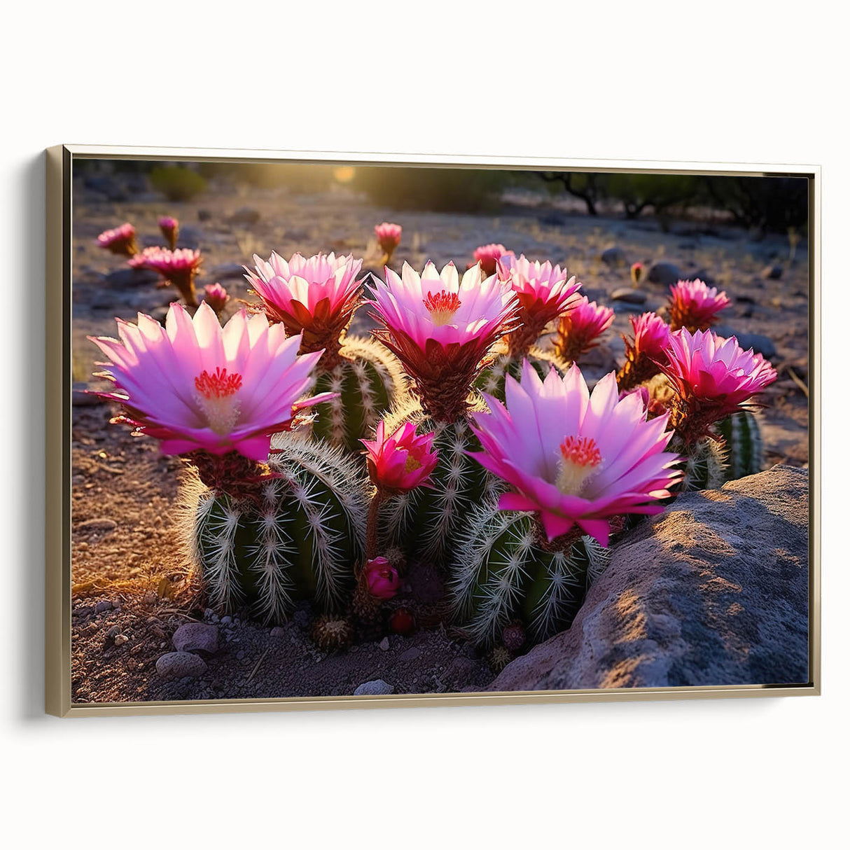 Framed botanical wall art featuring a vibrant cactus design with gold accents, showcasing a side view of the artwork. Perfect for modern home decor enthusiasts.