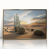 Framed wall art showcasing a botanical design featuring vibrant cacti against a gold-accented background, perfect for modern home decor.