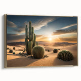 Framed wall art featuring a botanical cactus design in vibrant colors, set against a gold frame. Ideal for modern home decor, adding a touch of nature-inspired elegance.