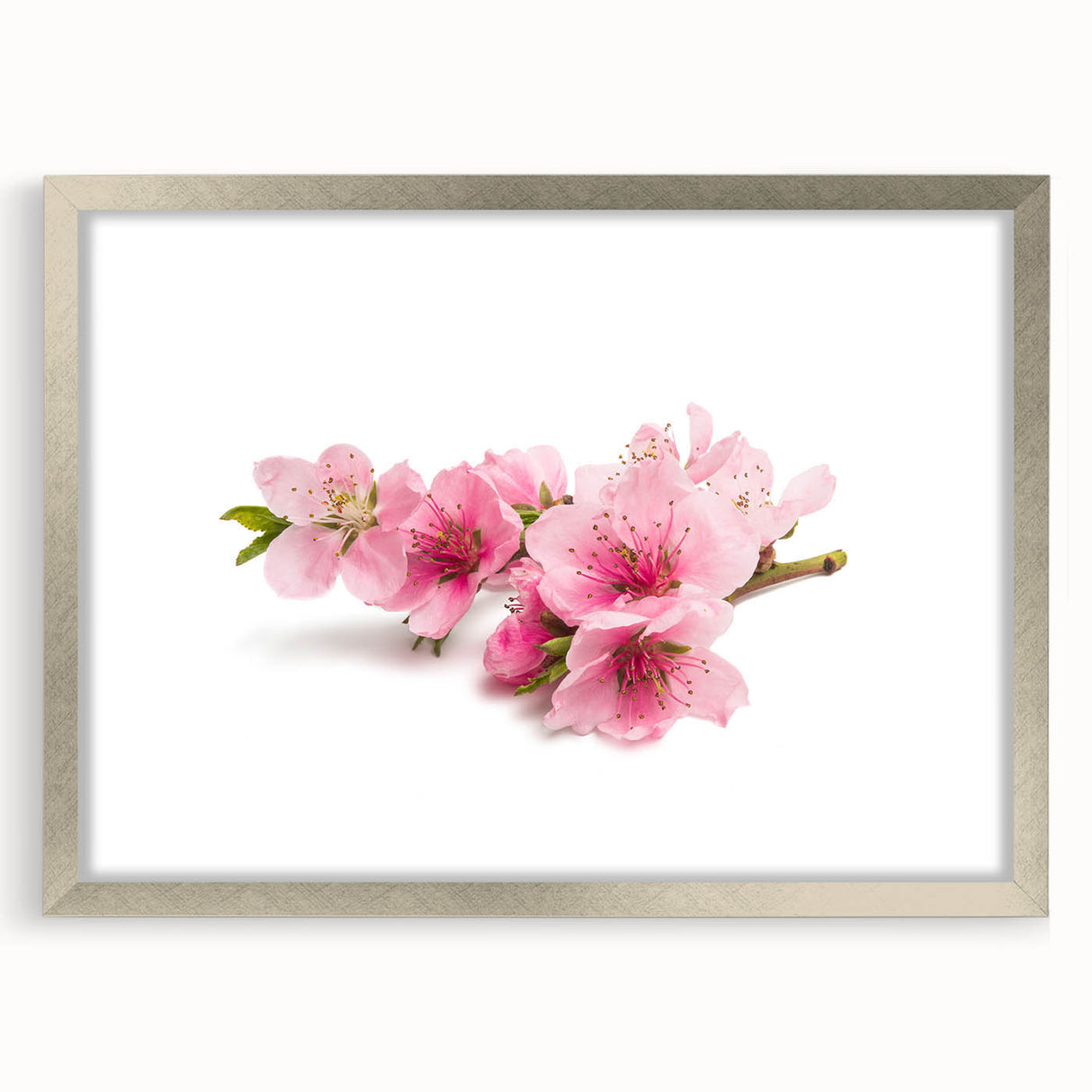 Cherry blossom wall art print featuring delicate pink flowers framed with a silver mat, showcasing a serene botanical design perfect for home decor.