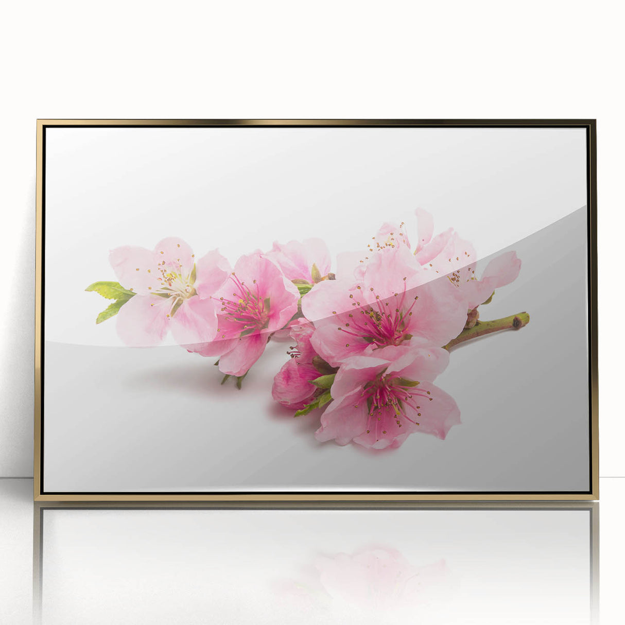 Framed wall art featuring a botanical cherry blossom design, showcasing delicate pink flowers against a gold-acrylic background, perfect for enhancing home decor.