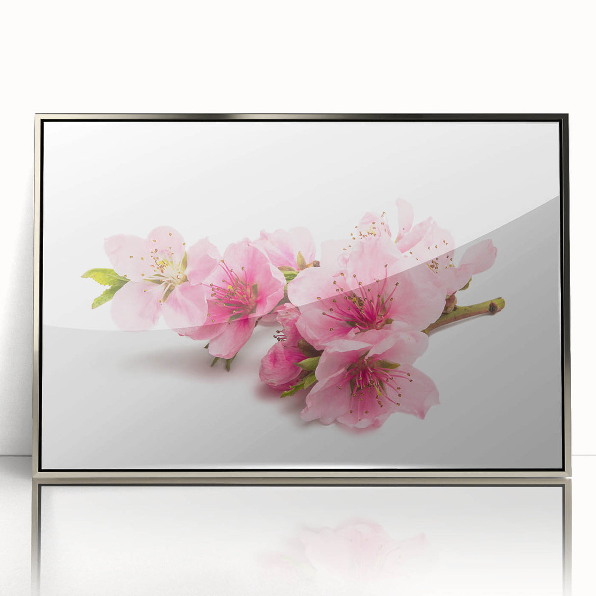 Framed wall art showcasing a delicate cherry blossom botanical design in silver acrylic, perfect for adding elegance to modern decor. The artwork emphasizes soft pink and white floral hues against a sleek backdrop, ideal for nature enthusiasts and home decorators alike.