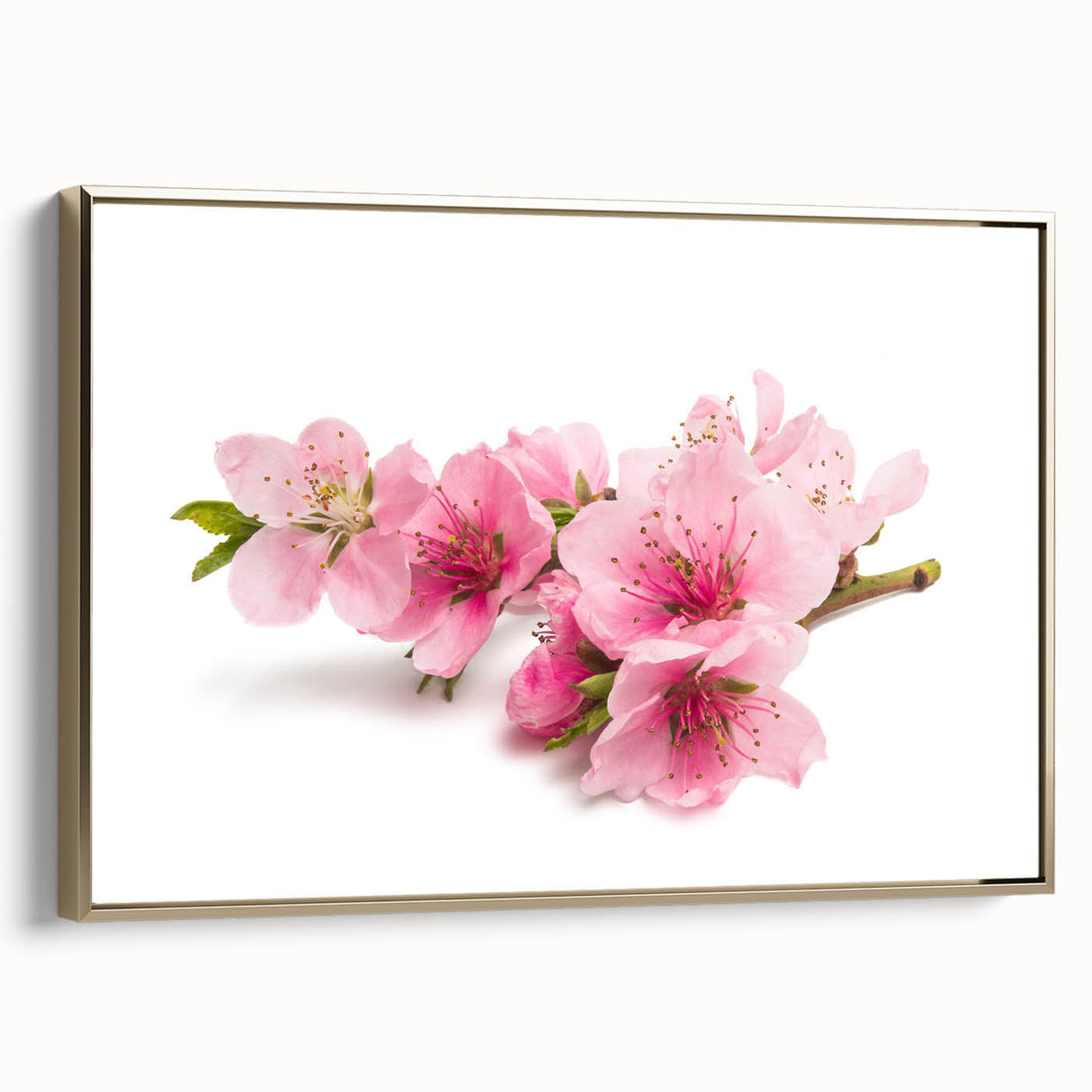 Elegant framed wall art showcasing a botanical cherry blossom design on canvas, with a gold frame, highlighting delicate pink flowers and lush green leaves.