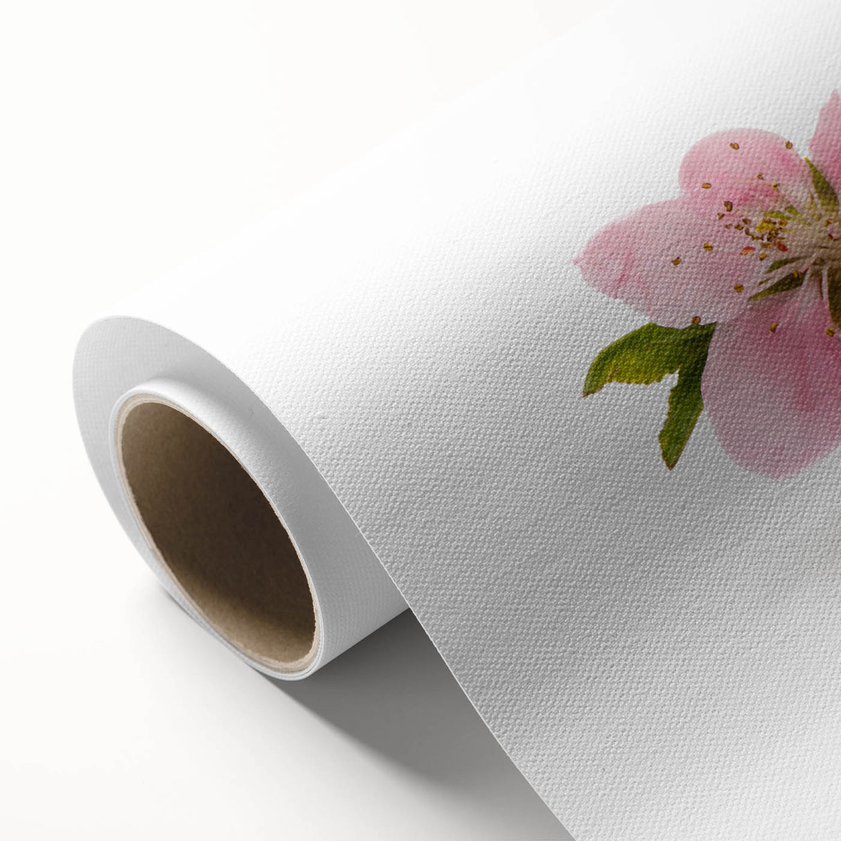 Cherry blossom botanical wall art design printed on rolled canvas, showcasing soft pink flowers against a light background, ideal for home decor and nature lovers.