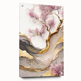 Cherry blossom wall art design in vibrant pink hues, displayed in an acrylic glass frame with visible pins, showcasing a delicate botanical illustration. Perfect for spring-themed decor.