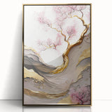 Framed wall art showcasing a vibrant cherry blossom botanical design with a gold-accented frame, perfect for adding elegance to home decor.