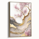 Framed canvas wall art showcasing a botanical cherry blossom design, featuring delicate pink flowers with gold accents, perfect for elegant home decor.