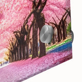 Close-up of a stunning cherry blossom wall art design featuring delicate pink flowers and intricate botanical details, printed on high-quality acrylic glass for vibrant color and clarity. Perfect for enhancing any home decor with a touch of nature's beauty.