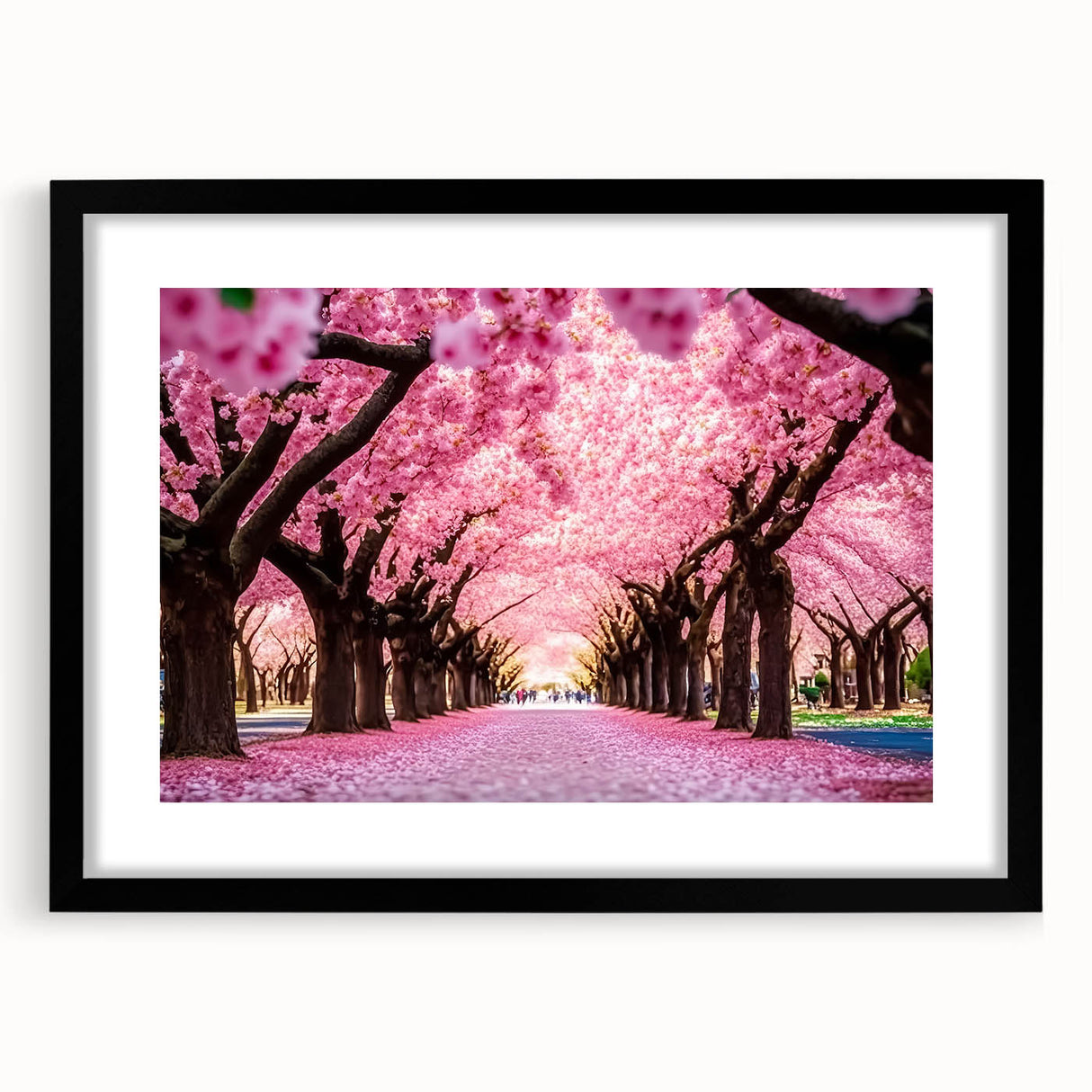 Elegant black-framed botanical wall art showcasing a delicate cherry blossom design, featuring a white mat for a refined look, perfect for home decor.