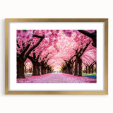Cherry blossom wall art featuring a botanical design in soft pink and white hues, framed with a gold border, perfect for home decor and floral enthusiasts.