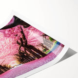 Cherry blossom wall art print showcasing delicate pink flowers and green leaves against a soft white background, rolled and ready for display in home decor.