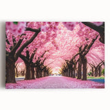 Cherry blossom wall art print on stretched canvas, showcasing delicate pink flowers against a serene white background, perfect for enhancing home decor with a touch of nature.