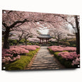 Acrylic glass wall art showcasing a vibrant cherry blossom botanical design, elegantly displayed with pins, perfect for home decor and nature-inspired aesthetics.