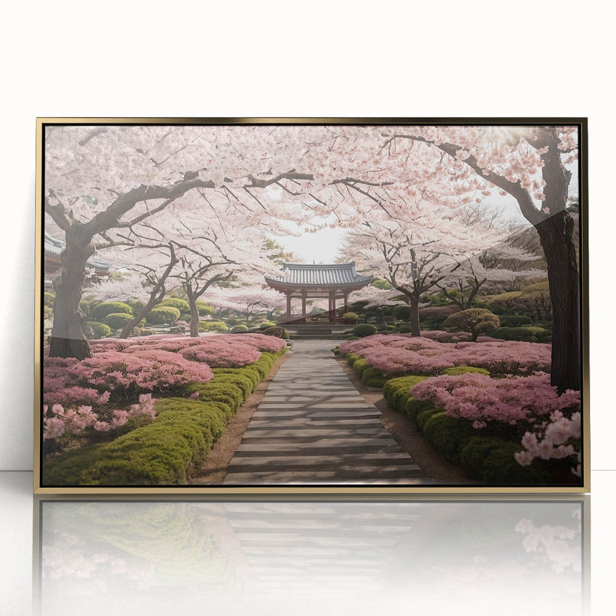 Framed wall art collection showcasing delicate cherry blossom botanical design in vibrant pink and green hues, with a sleek gold acrylic frame, perfect for home decor.