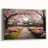 Framed canvas wall art showcasing a botanical cherry blossom design with a silver frame, perfect for home decor or gallery display, emphasizing nature's beauty.
