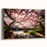 Framed wall art displaying a botanical cherry blossom design on canvas, featuring a gold frame and side view showcasing the intricate floral details and vibrant colors. Ideal for enhancing home decor.