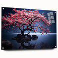 Cherry blossom wall art featuring a botanical design, displayed in an acrylic glass frame with stylish pins, ideal for enhancing home decor.