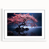 Cherry blossom wall art frame showcasing a delicate botanical design with soft pink flowers, elegantly matted and displayed in a stylish white frame, perfect for home decor.